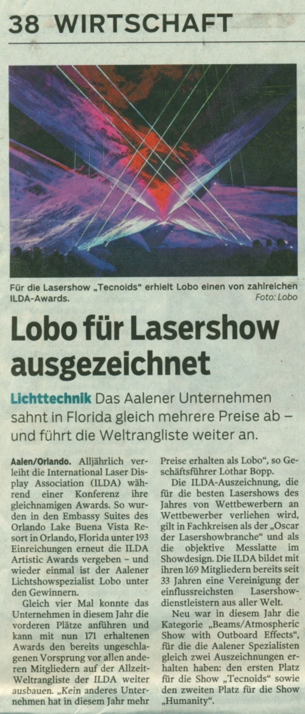 Schwaebische Post 29 November 2019 S38 fuer Lasershow ausgezeichnet
