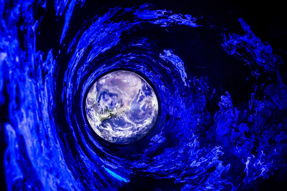Erde mit blauem Lasertunnel