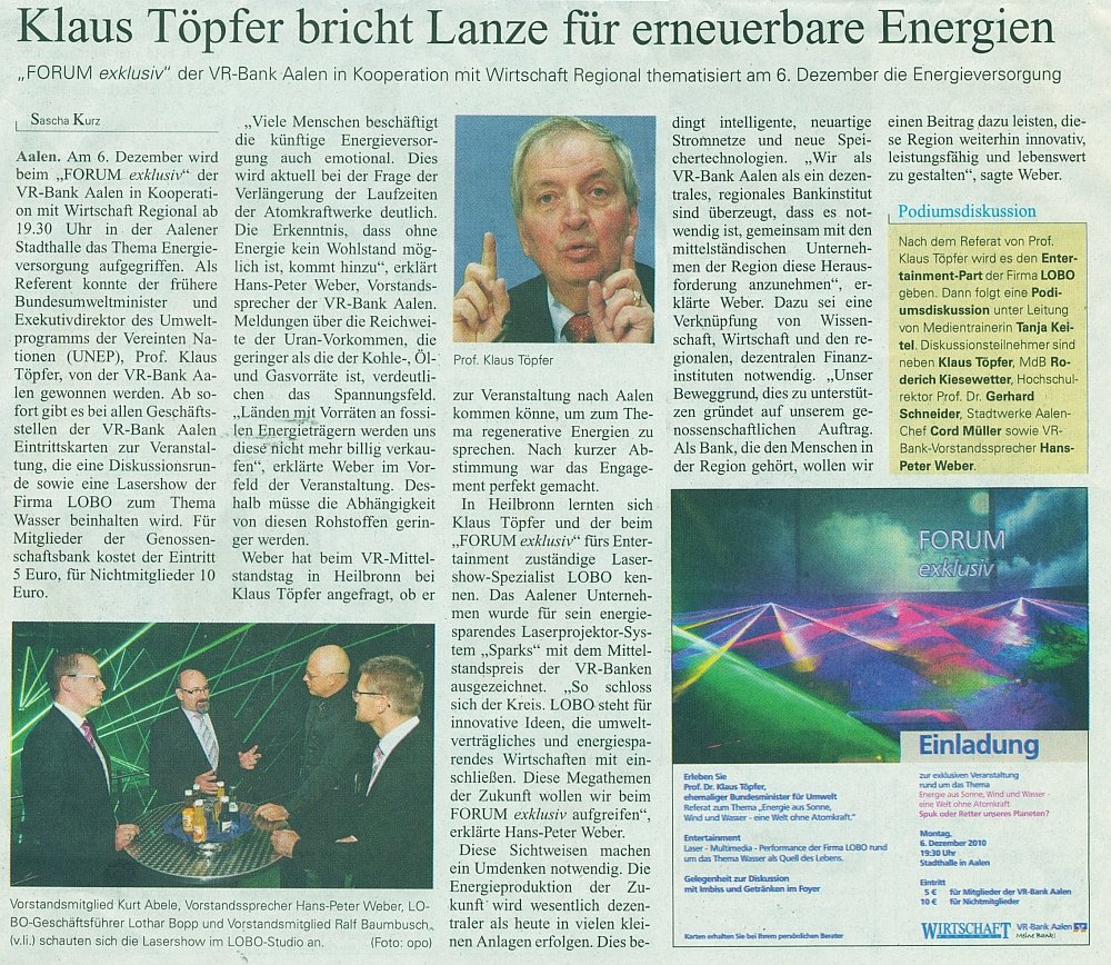 Wirtschaft Regional November 2010 S15 Klaus Toepfer bricht Lanze fuer erneuerbare Energien