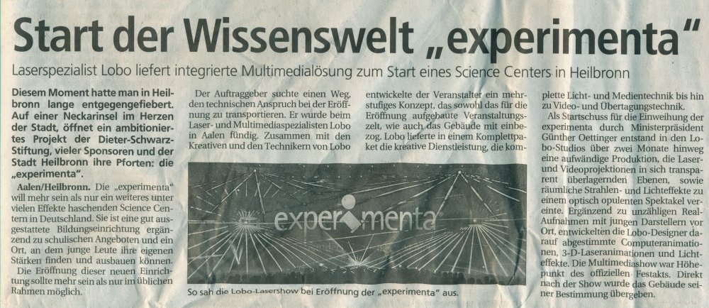 Schwaebische Post 11 November 2009 S12 Start der Wissenswelt experimenta